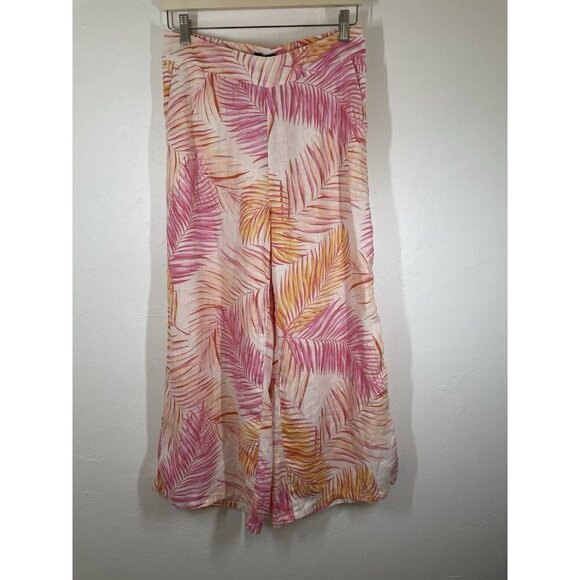Tahari 100% Linen Cropped Wide Leg Pants M Pink Palm Print Tropical Beach Cruise - Picture 1 of 10
